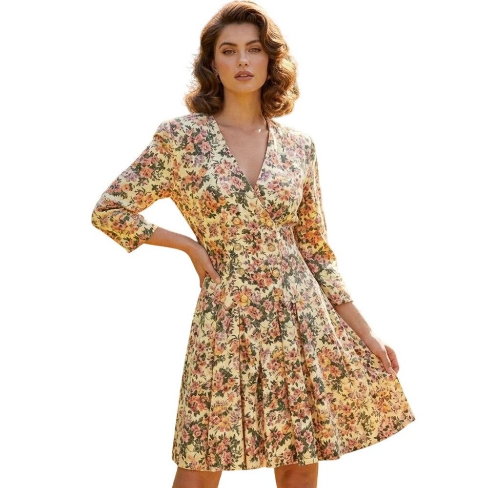 VTG Dress Floral Sz XS Double Breasted Pearl Buttons Pleated Cottage Boho